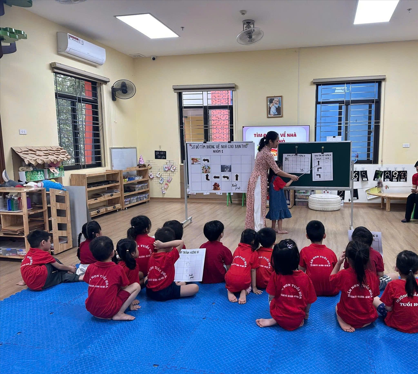Cô Tú Minh lớp A2 với hoạt động thi giáo viên giỏi cấp trường đề tài : Dạy trẻ định hướng trong không gian