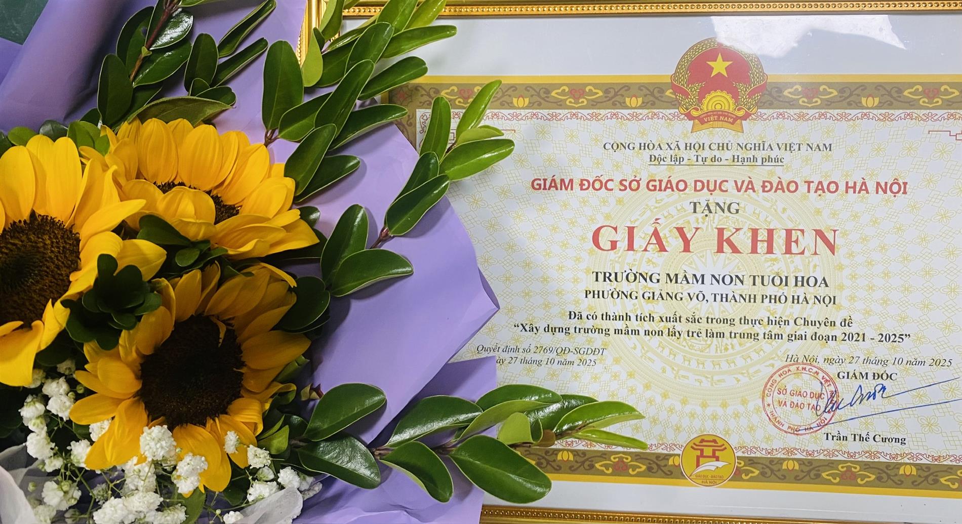 Trường Mầm non Tuổi Hoa - Giảng Võ có thành tích xuất sắc trong thực hiện Chuyên đề "Xây dựng  trường mầm non lấy trẻ làm trung tâm giai đoạn 2021-2025"