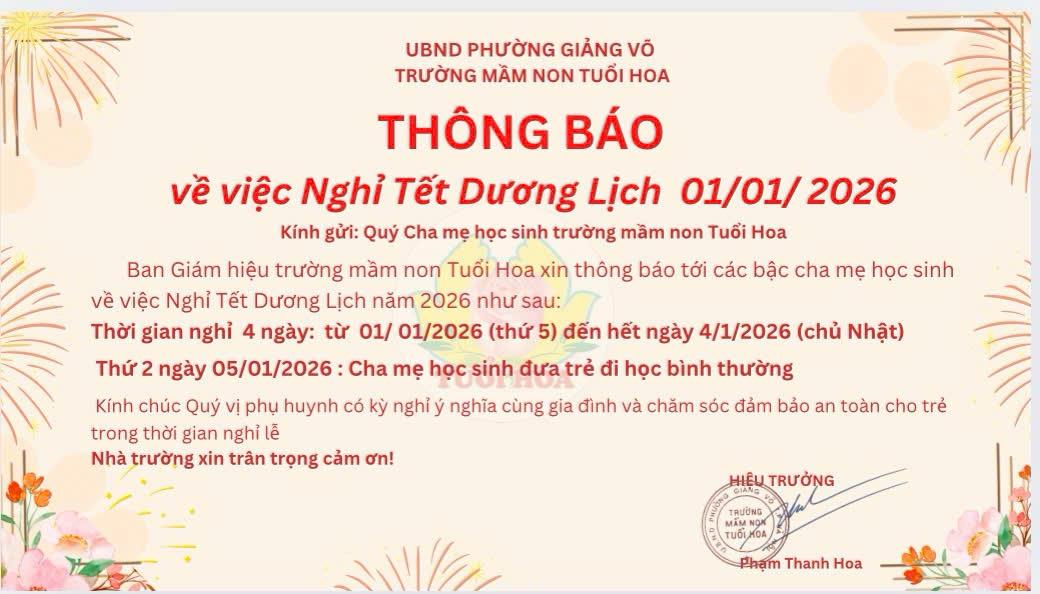 Trường mầm non Tuổi Hoa thông báo lịch nghỉ Tết dương lịch năm 2026