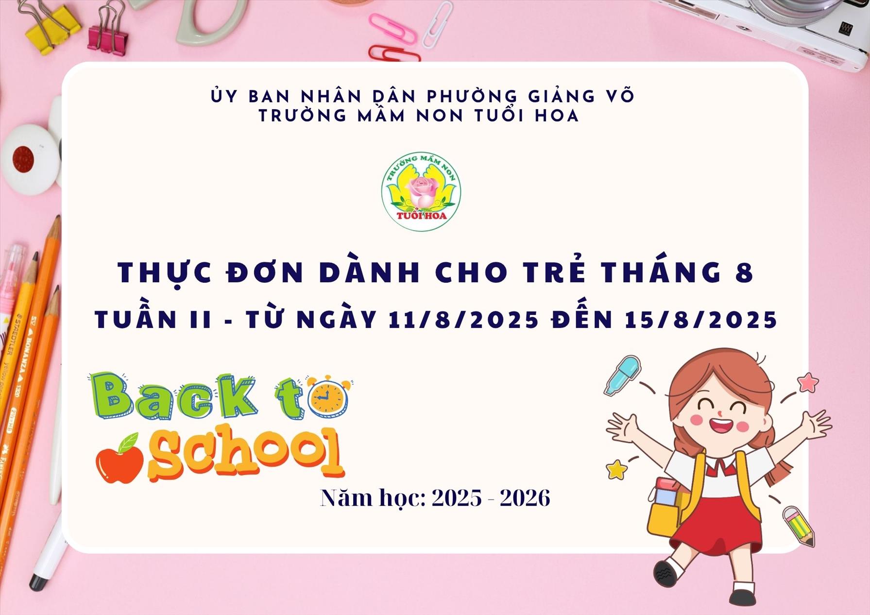 Thực đơn tháng 8 tuần 2 từ ngày 11/08/2025 đến ngày 15/08/2025
