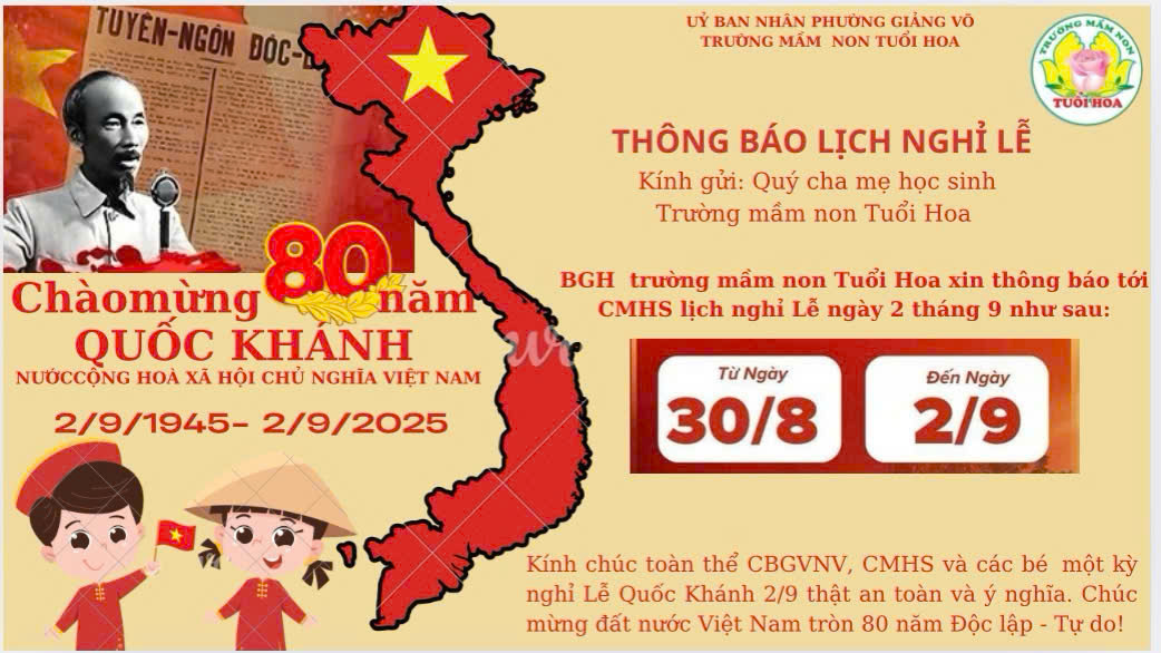 Trường mầm non Tuổi Hoa thông báo lịch nghỉ Lễ Quốc Khánh 2/9