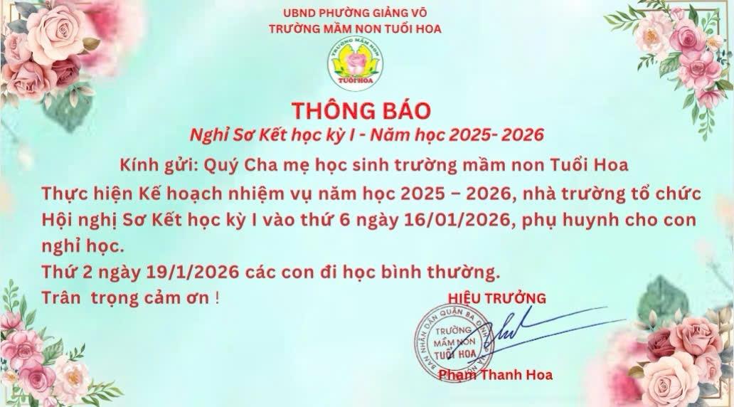 Trường mầm non Tuổi Hoa thông báo lịch nghỉ Sơ kết học kỳ I, năm  học 2025- 2026