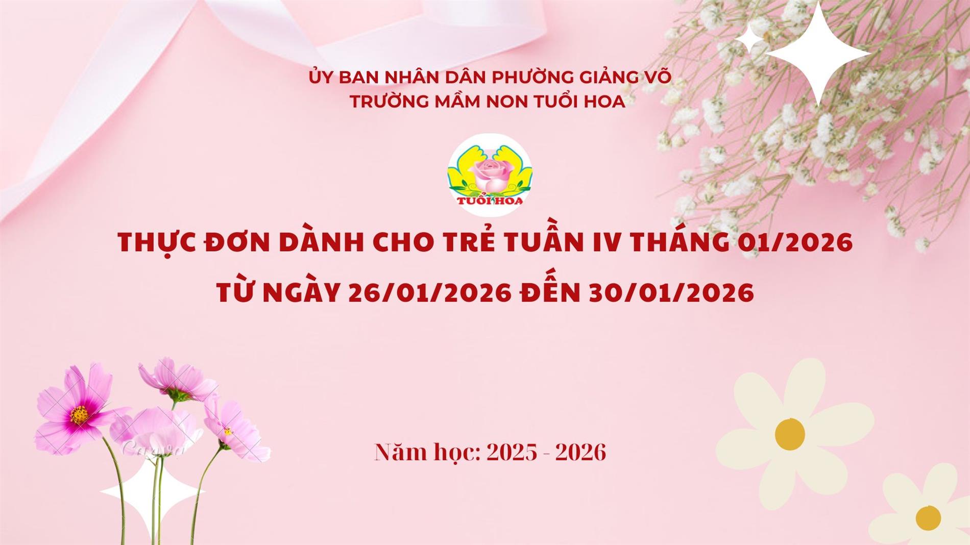 Thực đơn tuần 4 tháng 01 từ ngày 26/01/2026 đến ngày 30/01/2026