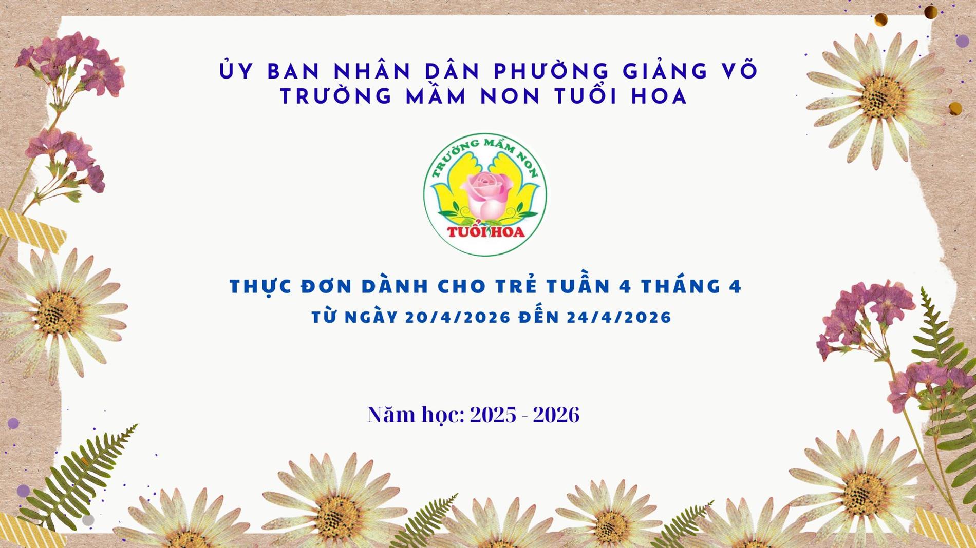 Thực đơn dành cho bé tuần 4 tháng 4 Từ ngày 20/4/2026 đến ngày 24/4/2026