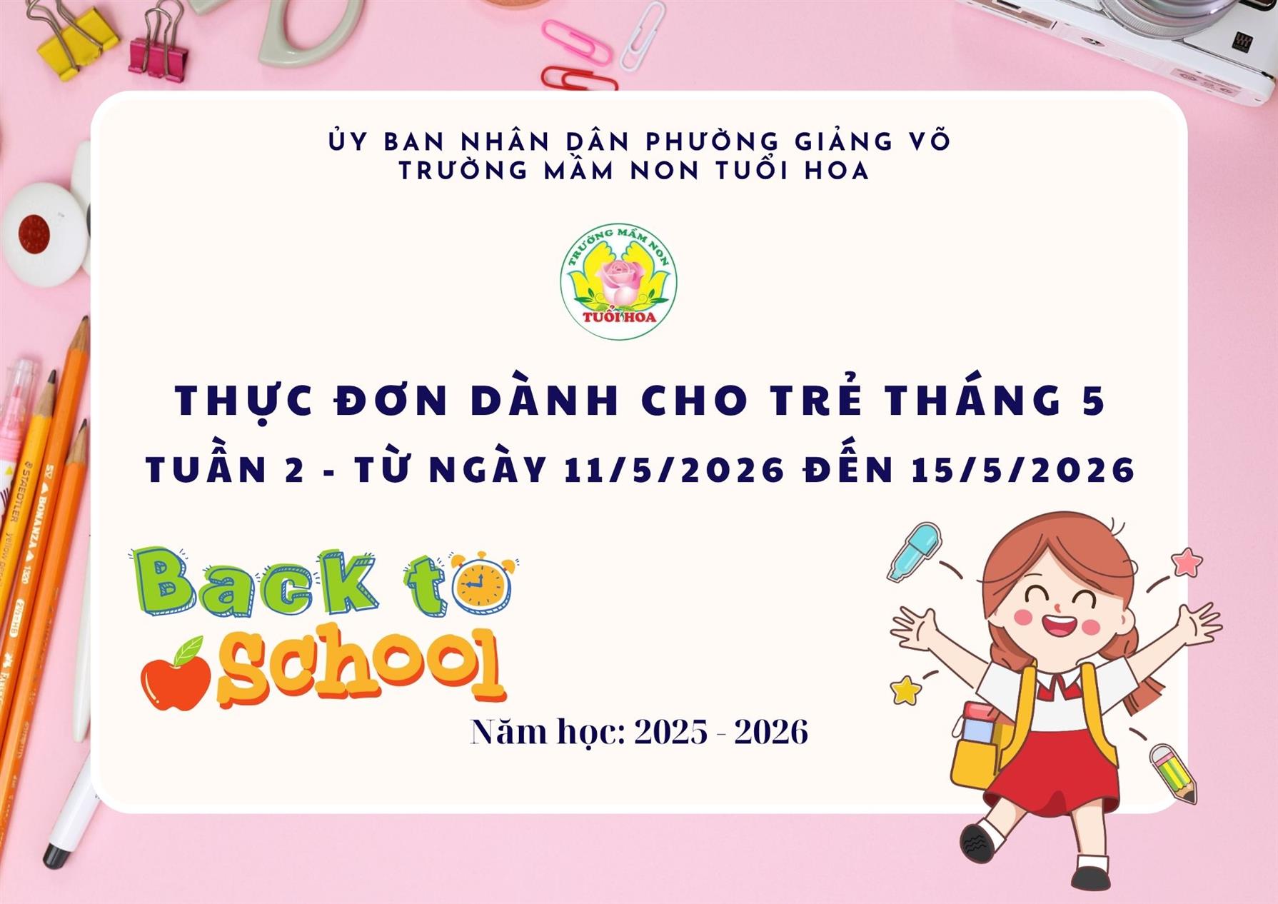 Thực đơn tuần 2 tháng 5 từ ngày 11/5/2026 đến ngày 15/5/2026