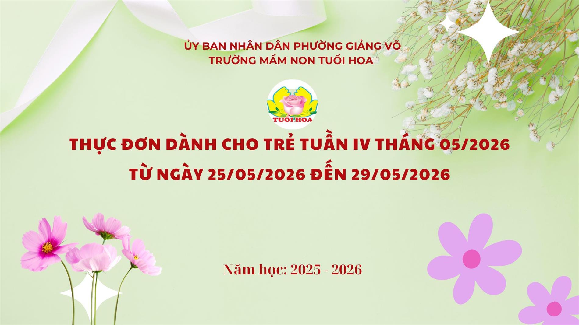 Thực đơn tuần 4 tháng 5 từ ngày 25/5/2026 đến ngày 29/5/2026