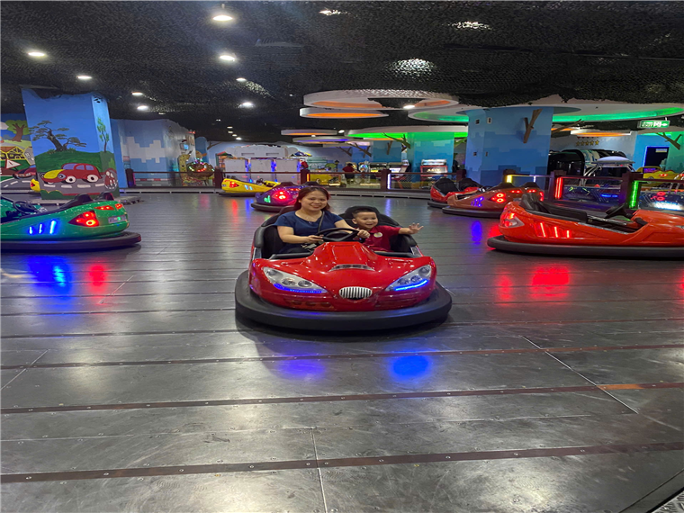 A person and child on a bumper car

Description automatically generated