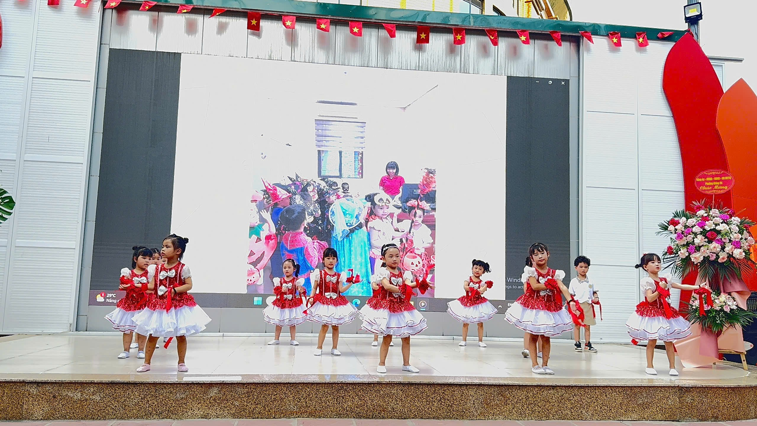 A group of young girls in red and white dresses on a stage

AI-generated content may be incorrect.